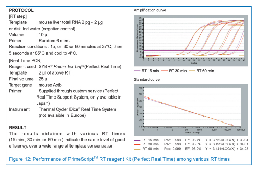 PrimeScript RT reagent Kit (Perfect Real Time) has the same high level of efficiency with various RT times (15 min., 30 min. or 60 min.) over a wide range of template concentrations