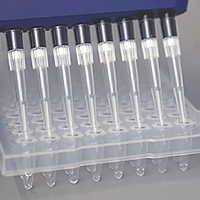 8-channel pipette dispensing into 96-well plate