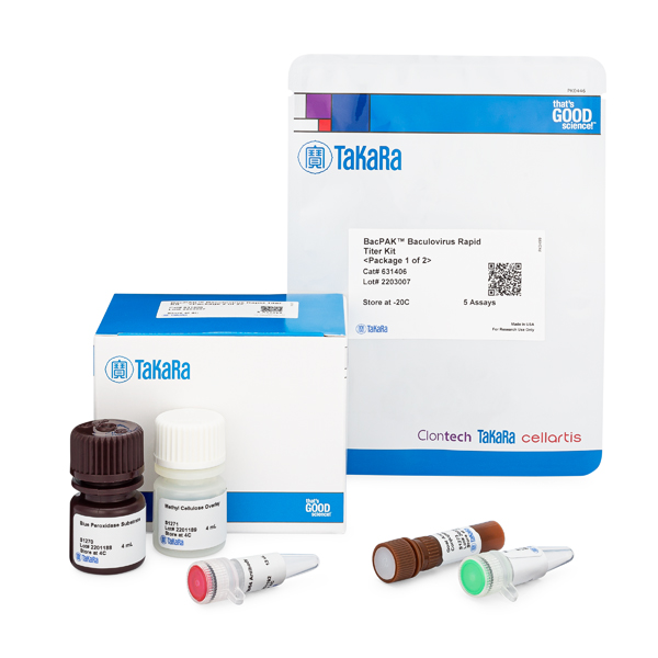 Boxes, bottles, and tubes of the BacPAK Baculovirus Rapid Titer Kit