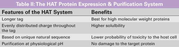 Features and benefits of the HAT (histidine affinity tag) Protein Expression & Purification System, which allows proteins expressed in bacteria to be purified at neutral or physiological pH and in native or denaturing conditions