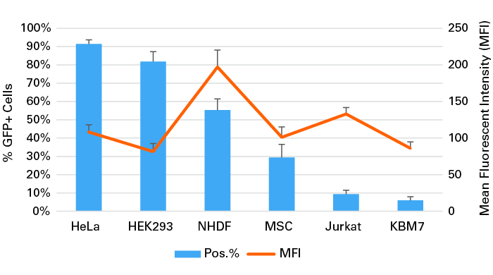 Expression of green fluorescent protein (GFP) from transfection with mRNA into primary cells and cell lines