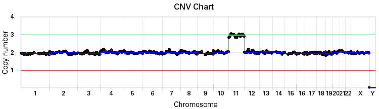 CNV plot from trophectoderm (TE) biopsy samples showing aneuploidy on chromosome 11.