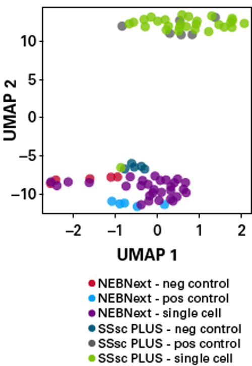 The SMART-Seq Single Cell PLUS Kit demonstrates greater discrimination between control and single-cell samples than NEBNext.